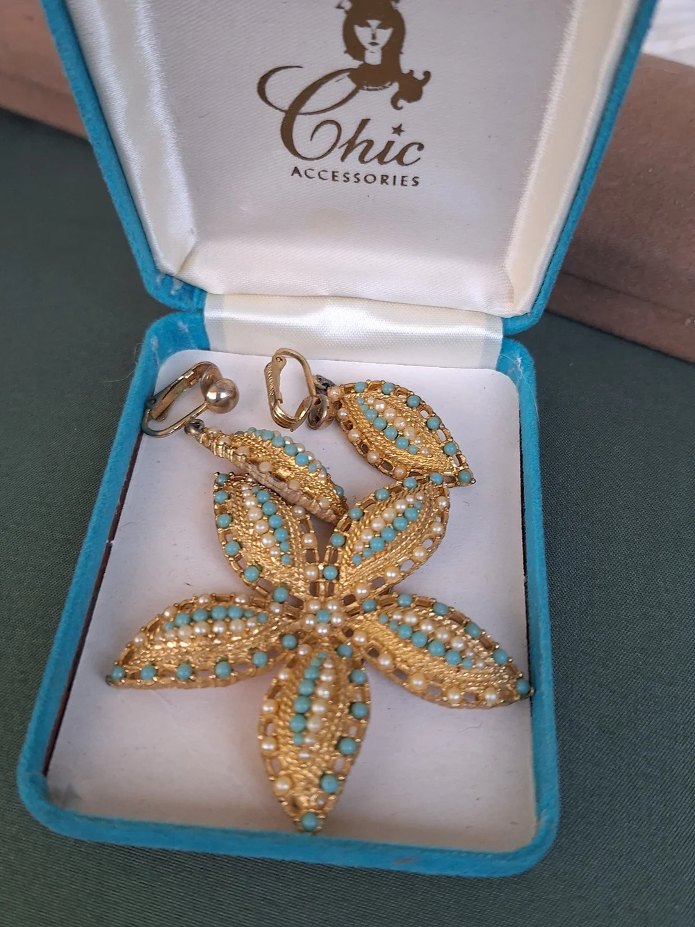 Sarah Coventry Gold-Tone Earrings with Turquoise and Cream Beads